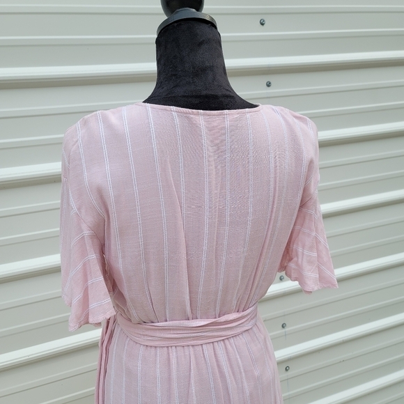 LC Lauren Conrad Belted Flutter Short Sleeve V Neck Pink Striped Dress XS - Picture 14 of 14